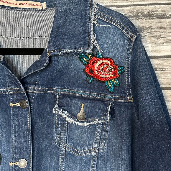 Recycled UpCycled Vintage Whiskey Denim Jacket Gypsy Hippie Bling Sequin XL 1X - Picture 3 of 5